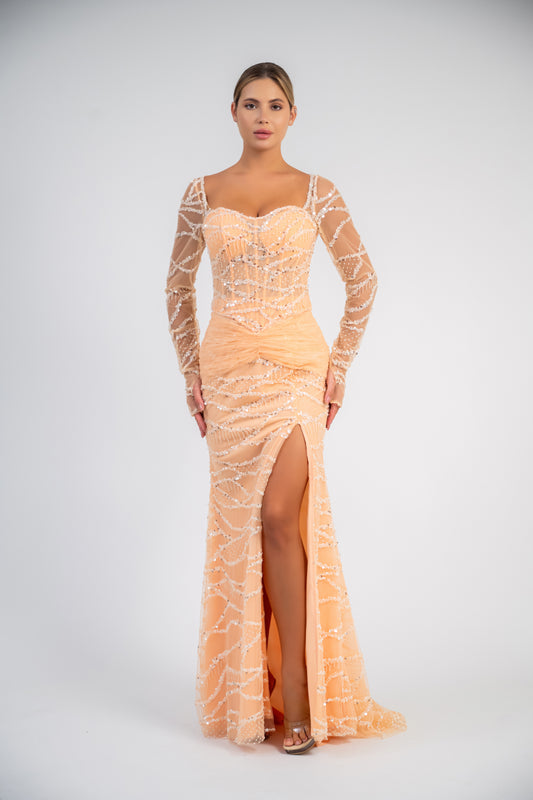 Long Sleeve Sequin Gown
