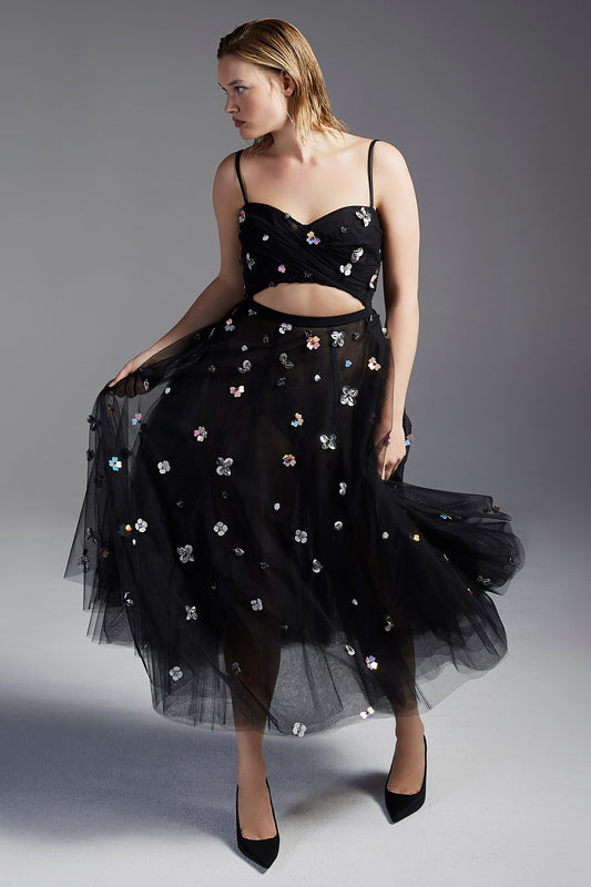 Embroidered Tulle Cutout Midi Dress