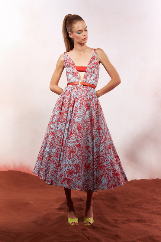 V Neckline Printed Midi Dress