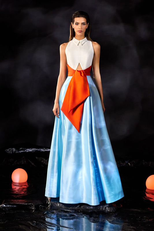 Crepe and Satin Tri-Color Gown