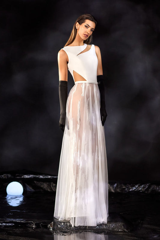 Crepe and Embroidered Tulle Evening Gown