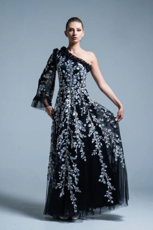 Embroidery One Sleeve Gown