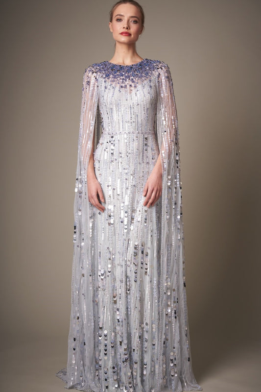 Elizabeth Sequined Cape-Effect Tulle Gown