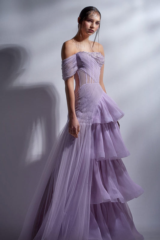 Draped One Shoulder Tiered  Gown