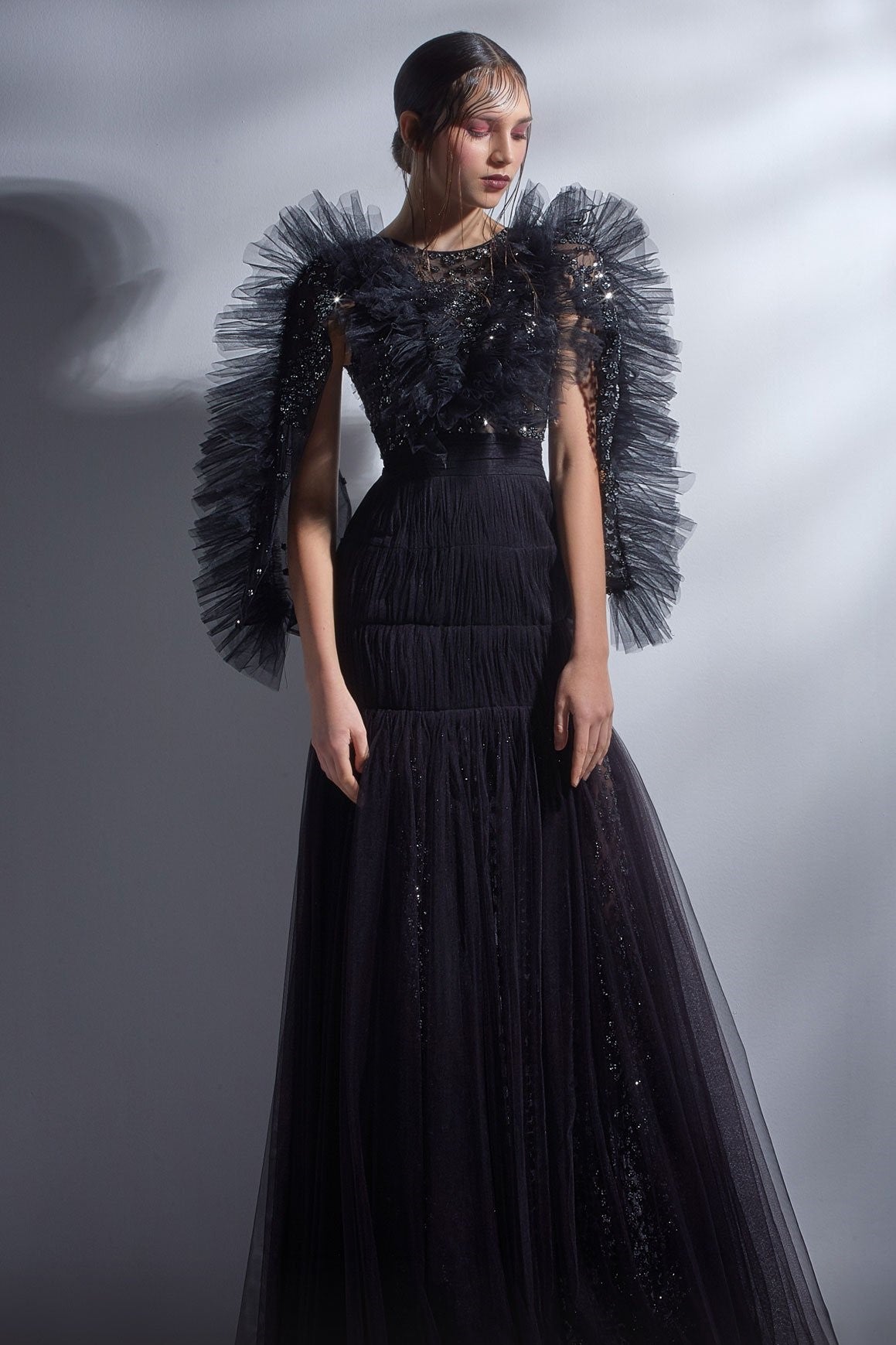 Ruffled Long Sleeve A-Line Gown