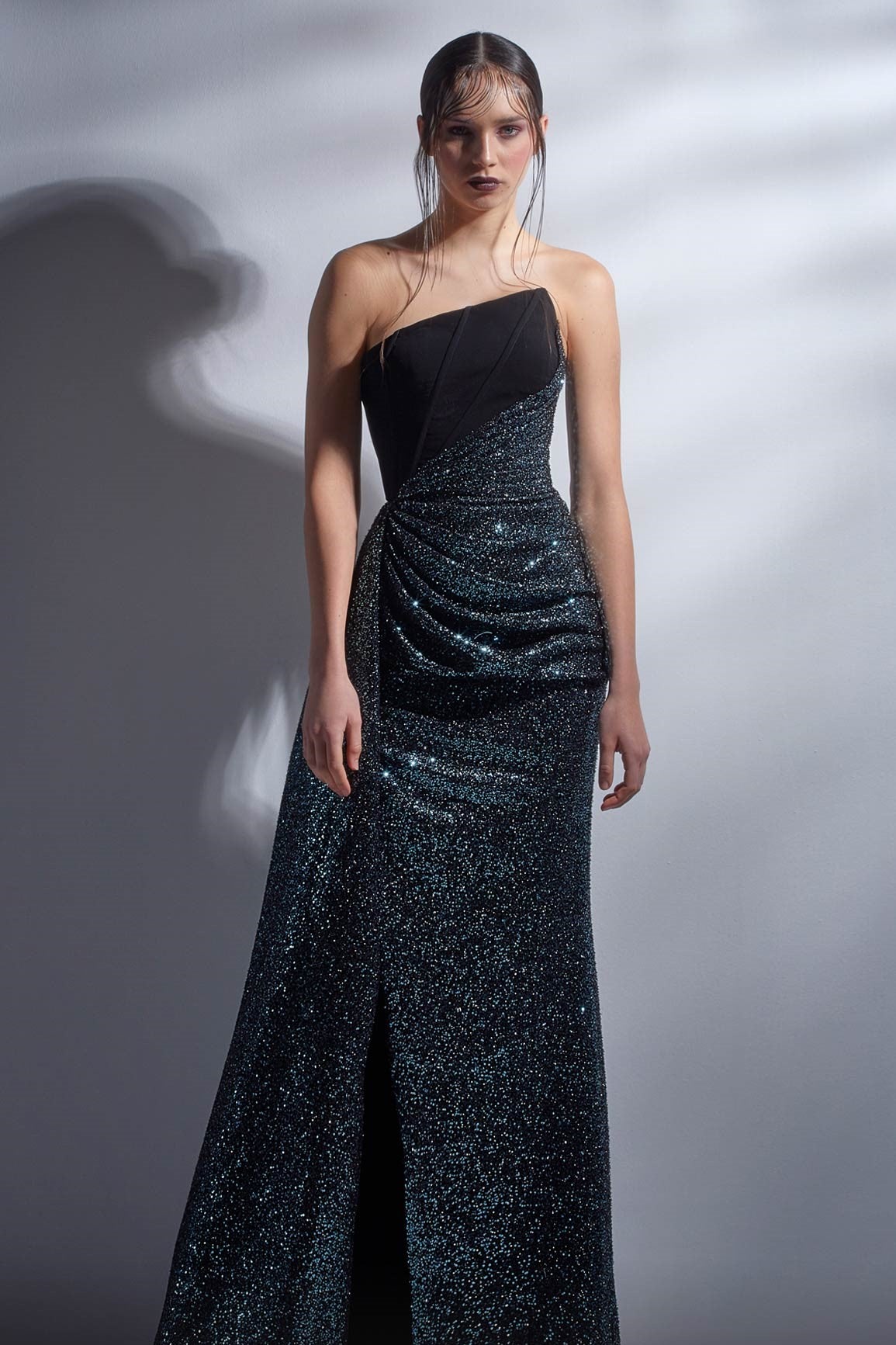 Embellished Strapless Slit Gown