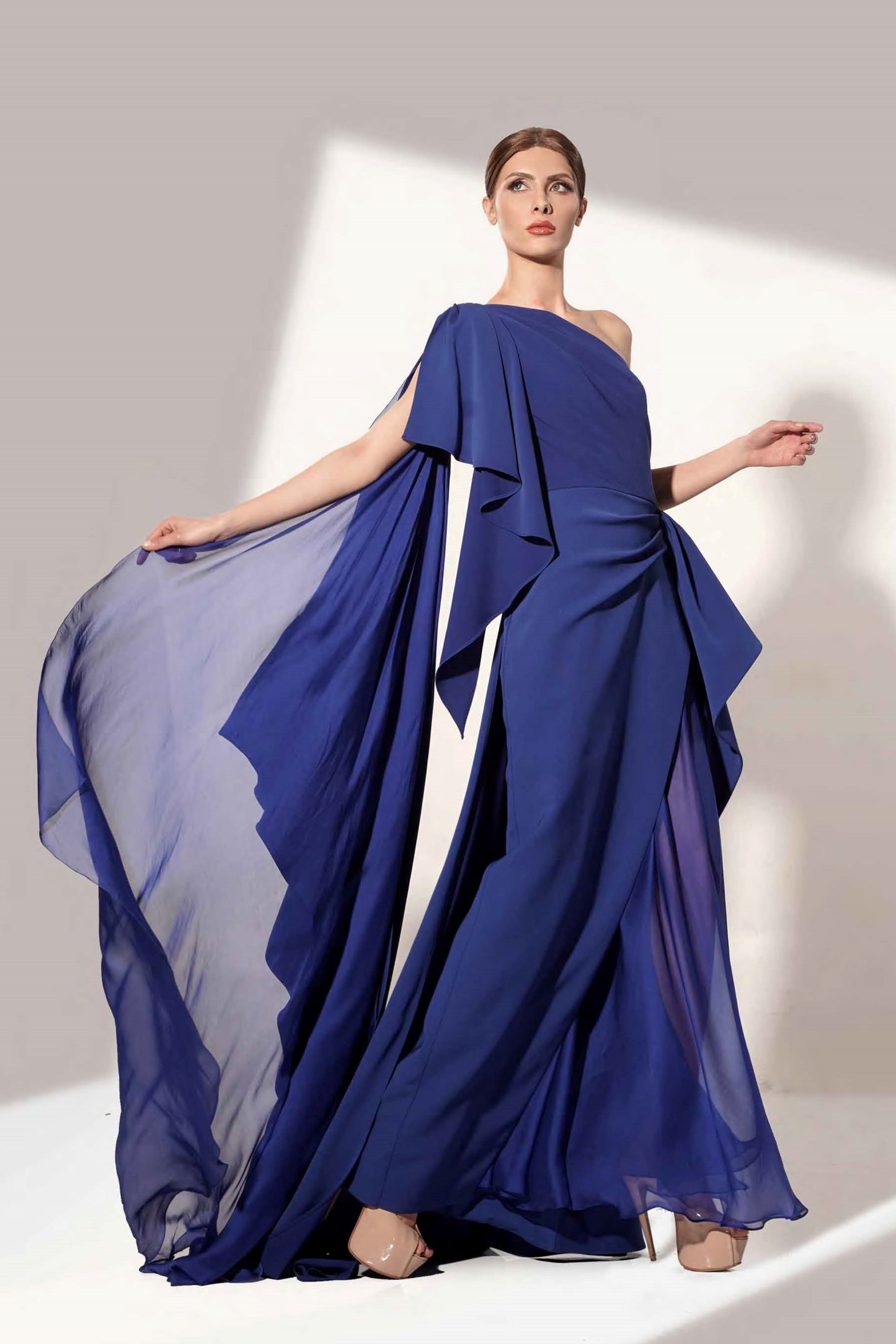 One Shoulder Draped Blue Gown