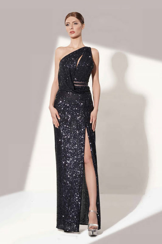 Black Sequin One Shoulder Gown