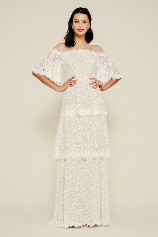Loki Off the Shoulder Tiered Lace Gown