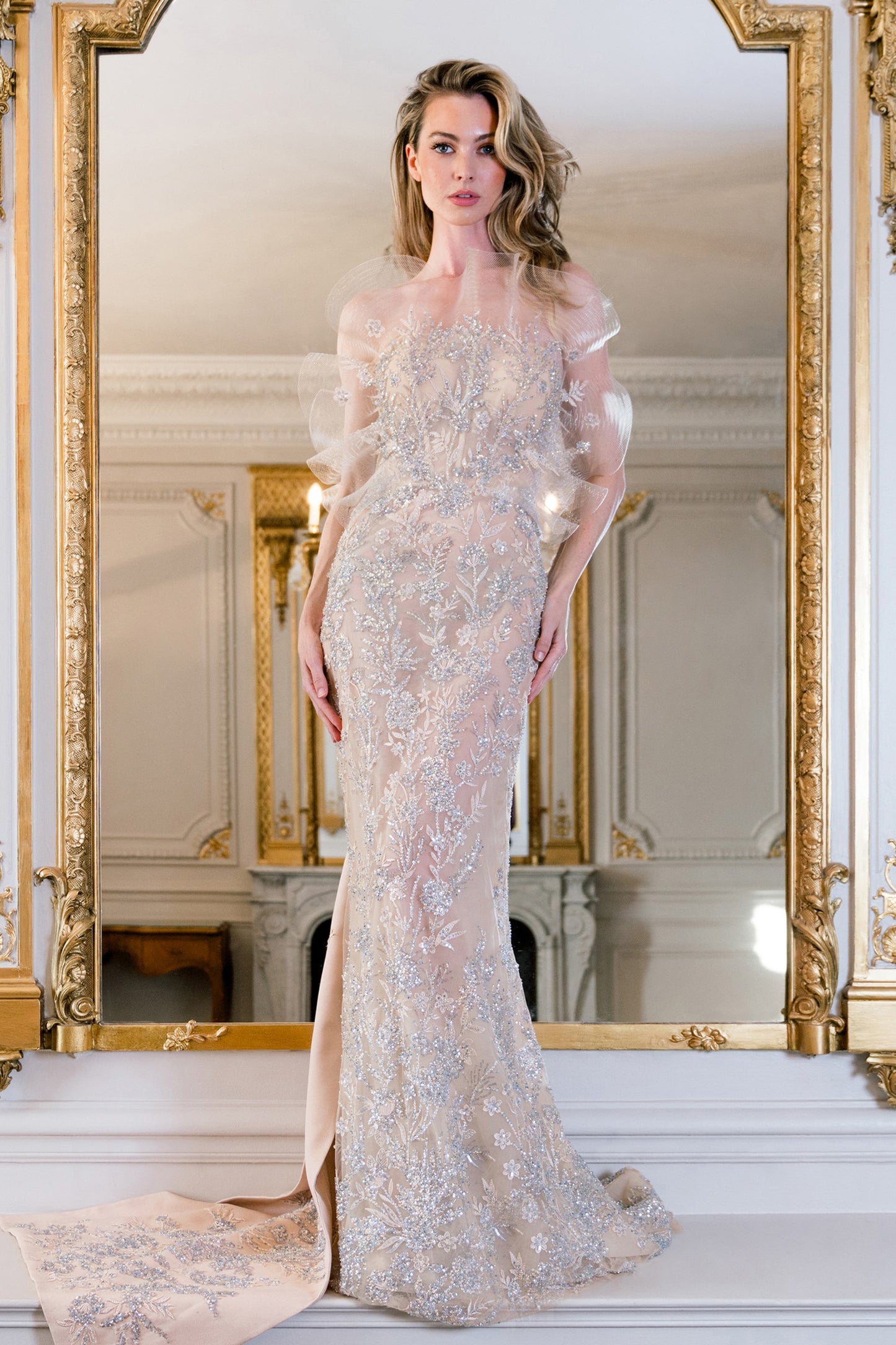 Embroidered Draped Gown