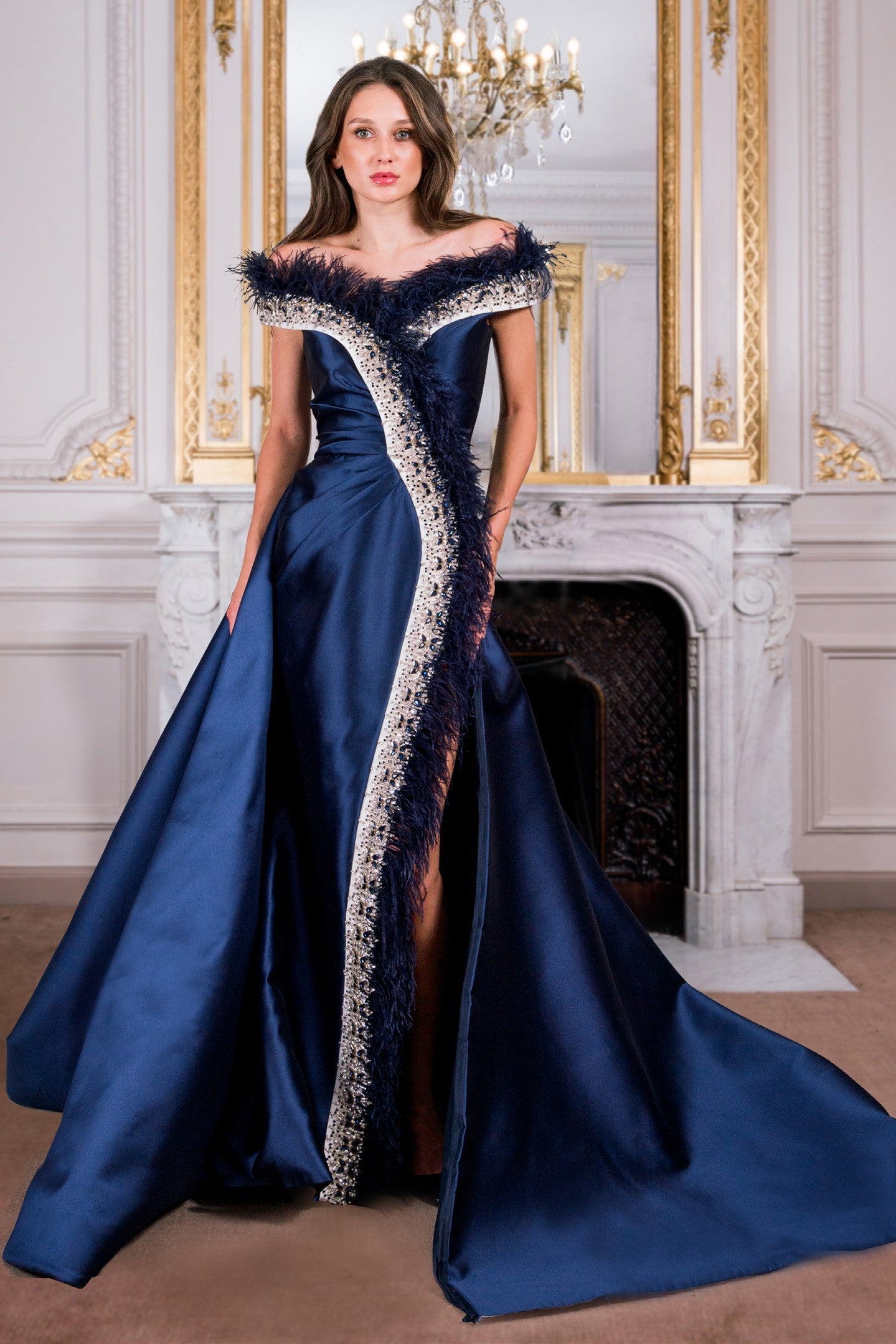 Off-Shoulder Feather Gown