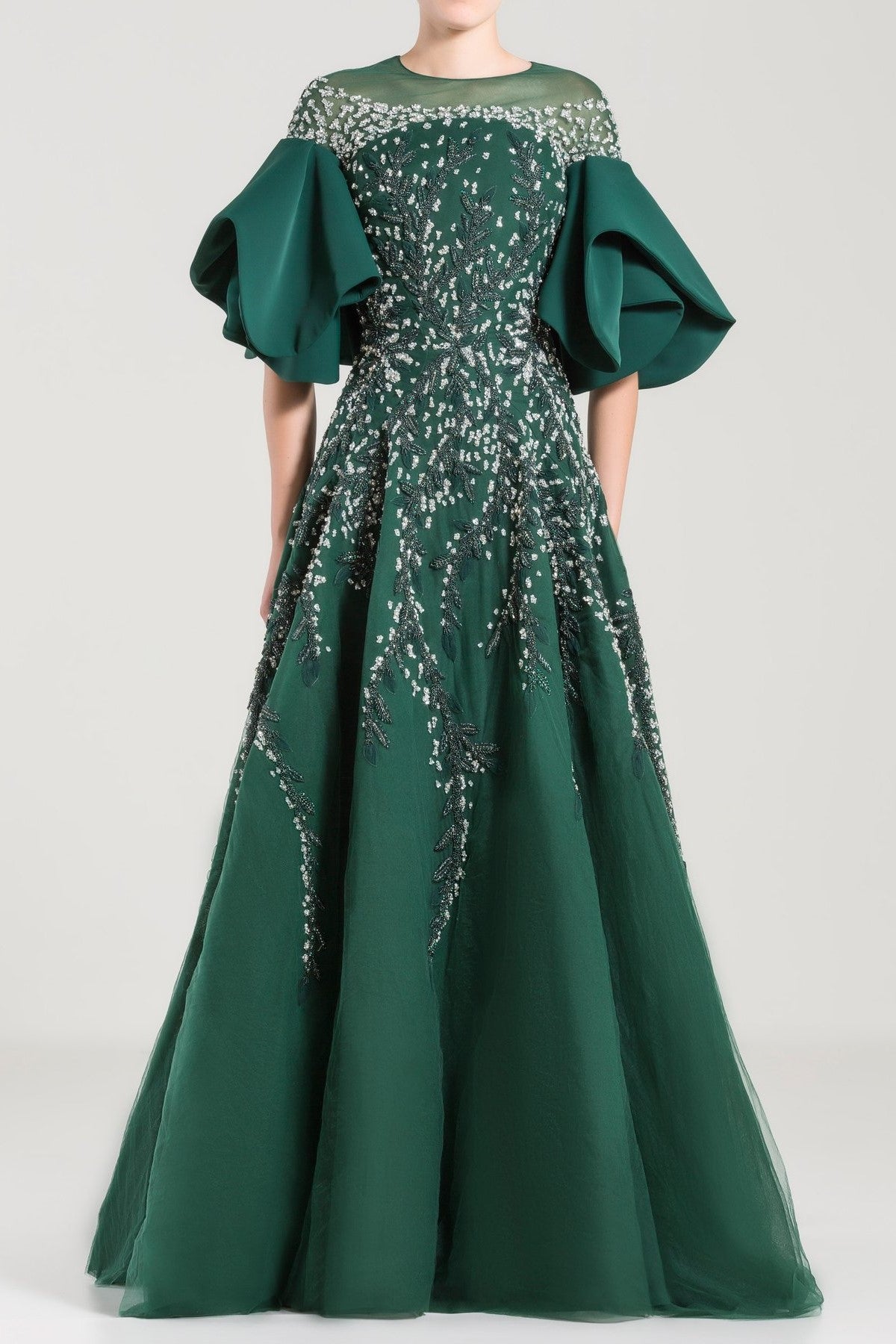 Ruffled Sleeve Beaded Tulle Gown