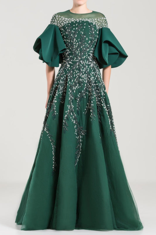 Ruffled Sleeve Beaded Tulle Gown
