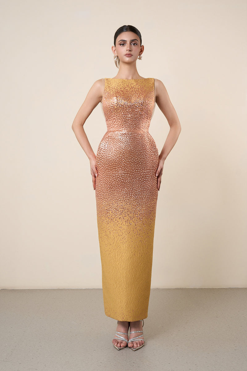 Brocade Dress with Peplum Belt