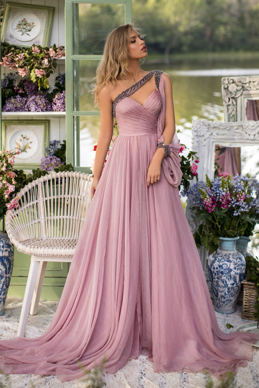 Phuket_Beaded One Shoulder  Chiffon  Gown