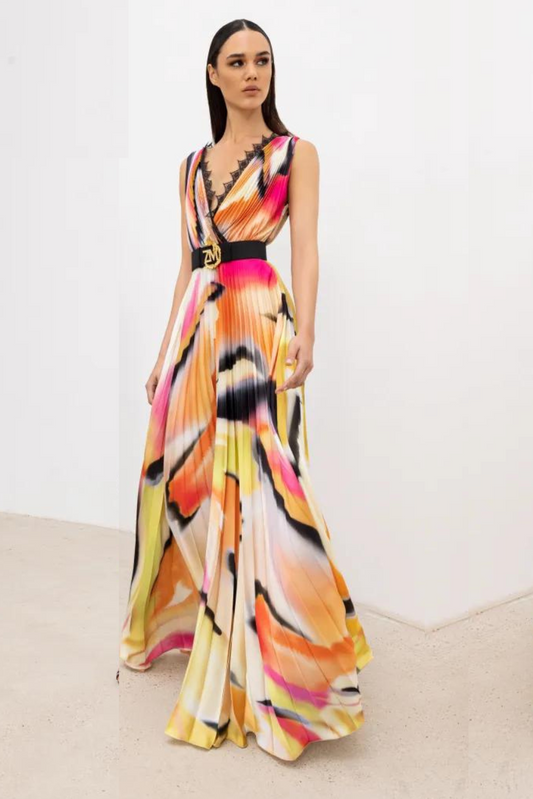 Aerial Print Deep V-Neck Gown