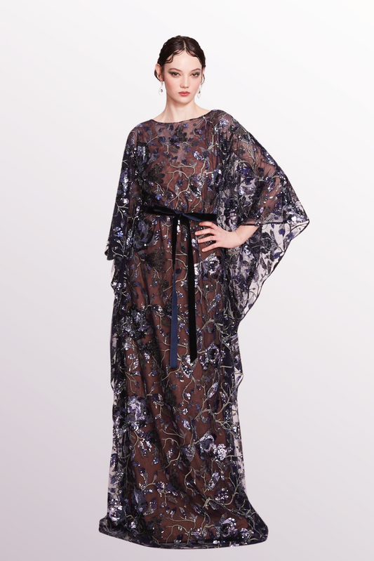 Draped Long-Sleeve Tulle Dress