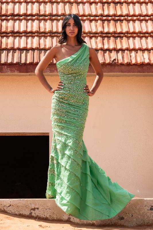 One Shoulder Pleated Gown