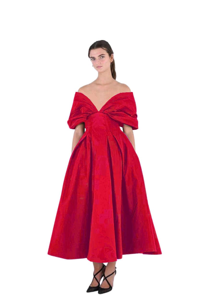 Draped Off Shoulder Red Midi Dress