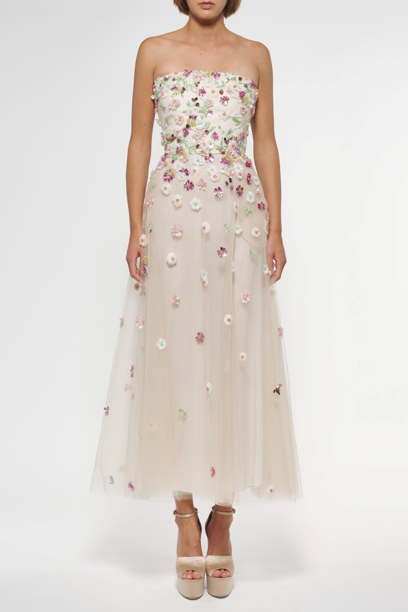 Tulle Embroidered Strapless Midi Dress