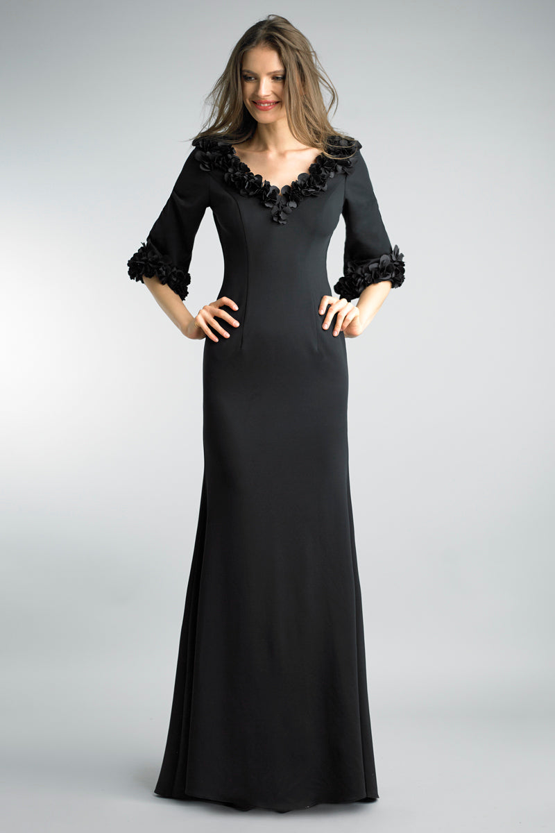 Black Floral Applique Trim Evening Gown