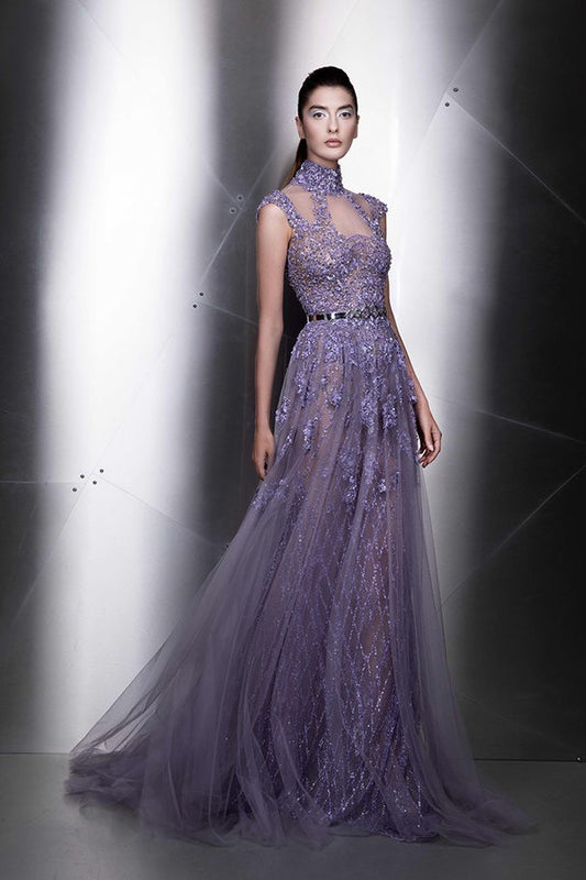 Embellished High Neck Cap Sleeve Gown