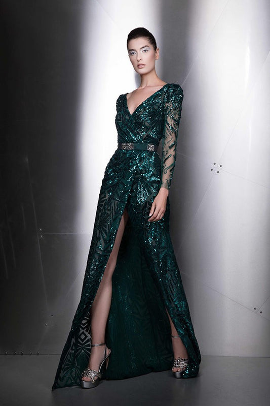 Embellished Long Sleeve V-Neck Slit Gown