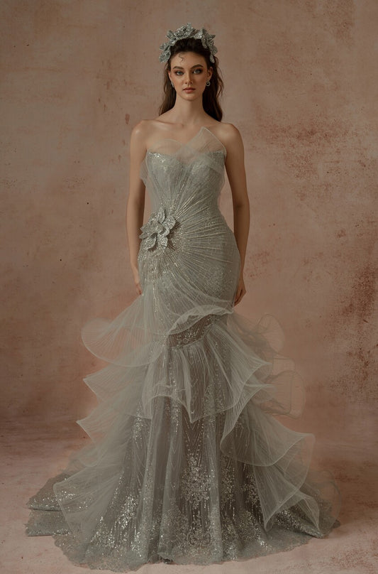 Strapless Cascading Ruffle Gown