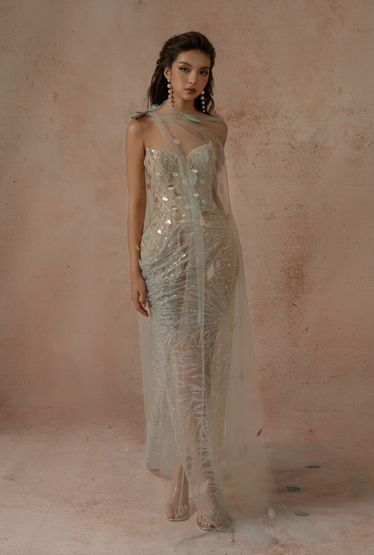 Strapless Slit Gown with Cape