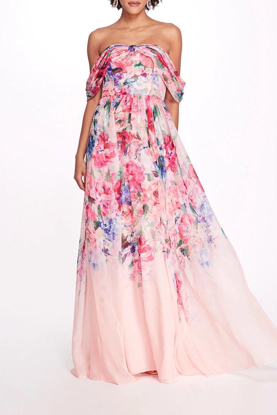 Off-Shoulder Chiffon Print Gown