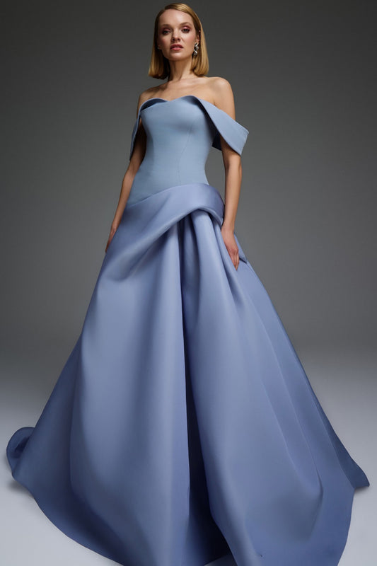Pleated Off-Shoulder Neckline Gown