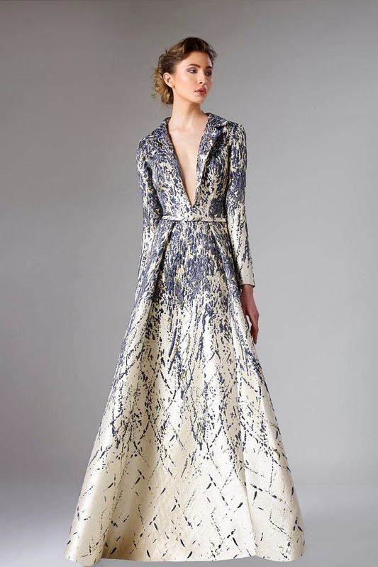 Long Sleeve Brocade Evening Gown