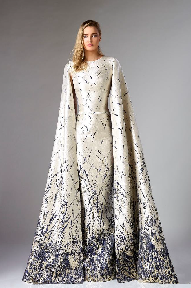 Cape Sleeve Brocade Evening Gown