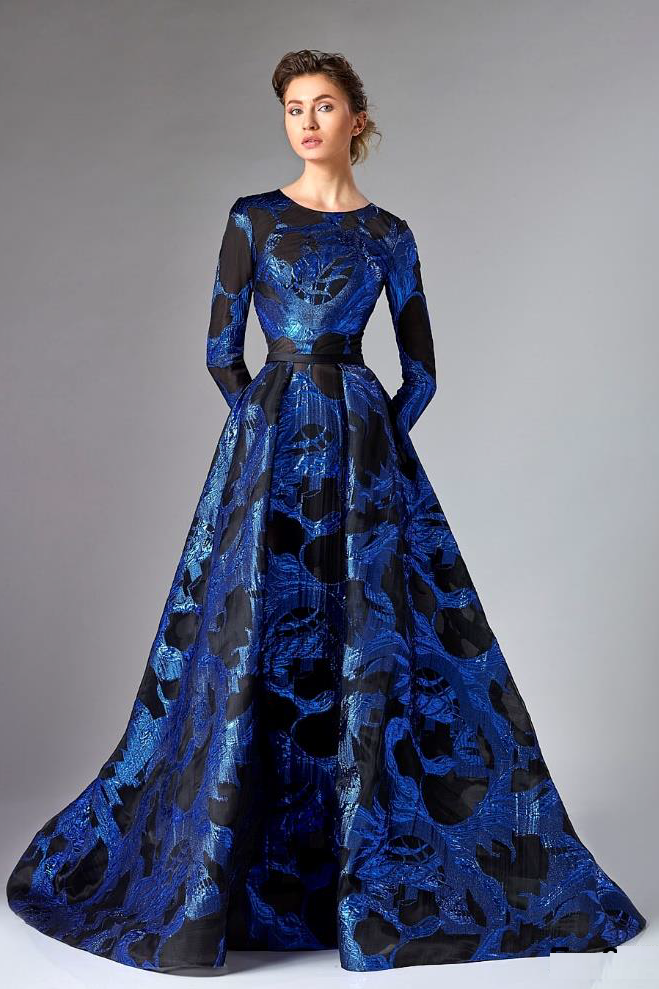 Blue Long Sleeve Organza Evening Gown