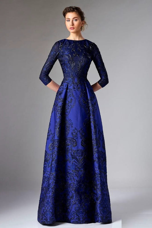 Blue Jacquard 3/4 Sleeve Evening Gown