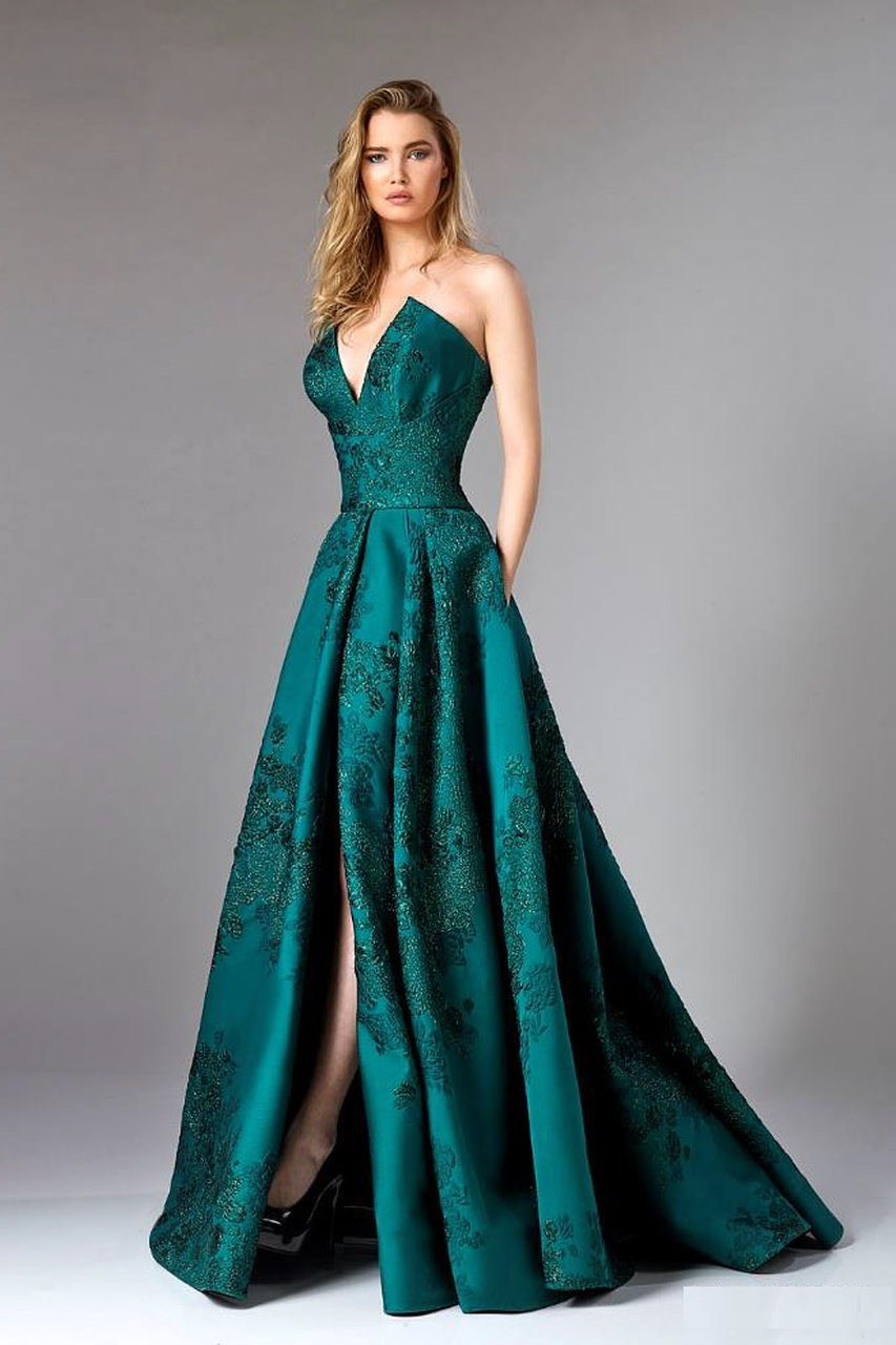 Green Strapless Floral Brocade Evening Gown