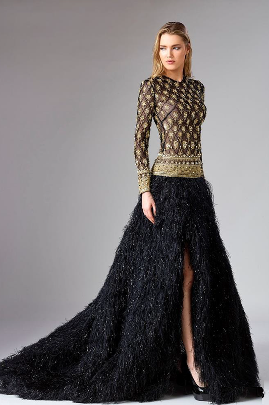 Black Long Sleeve Embroidered Gown