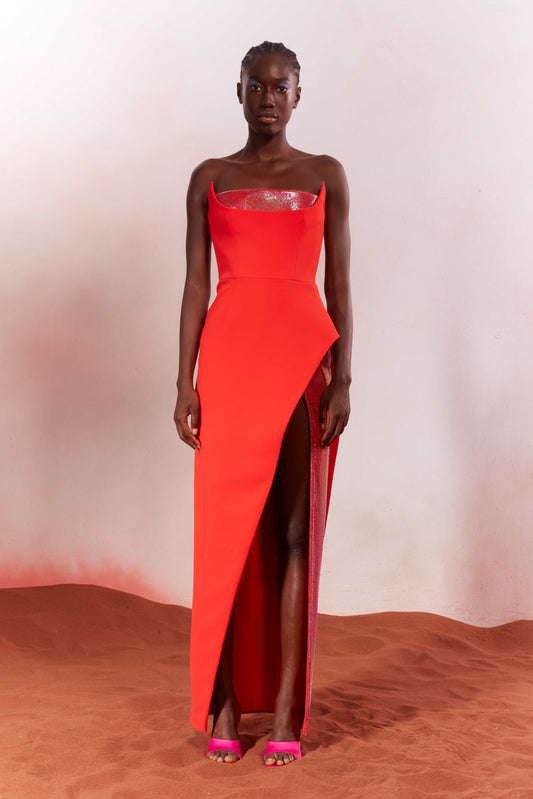 Coral Red Strapless Gown