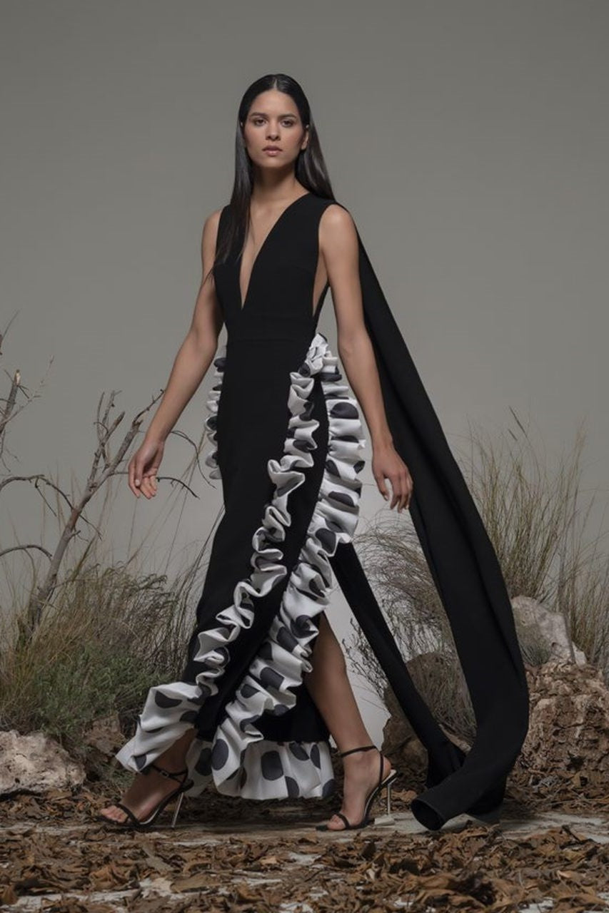 Boschi Sleeveless Ruffled Slit Gown