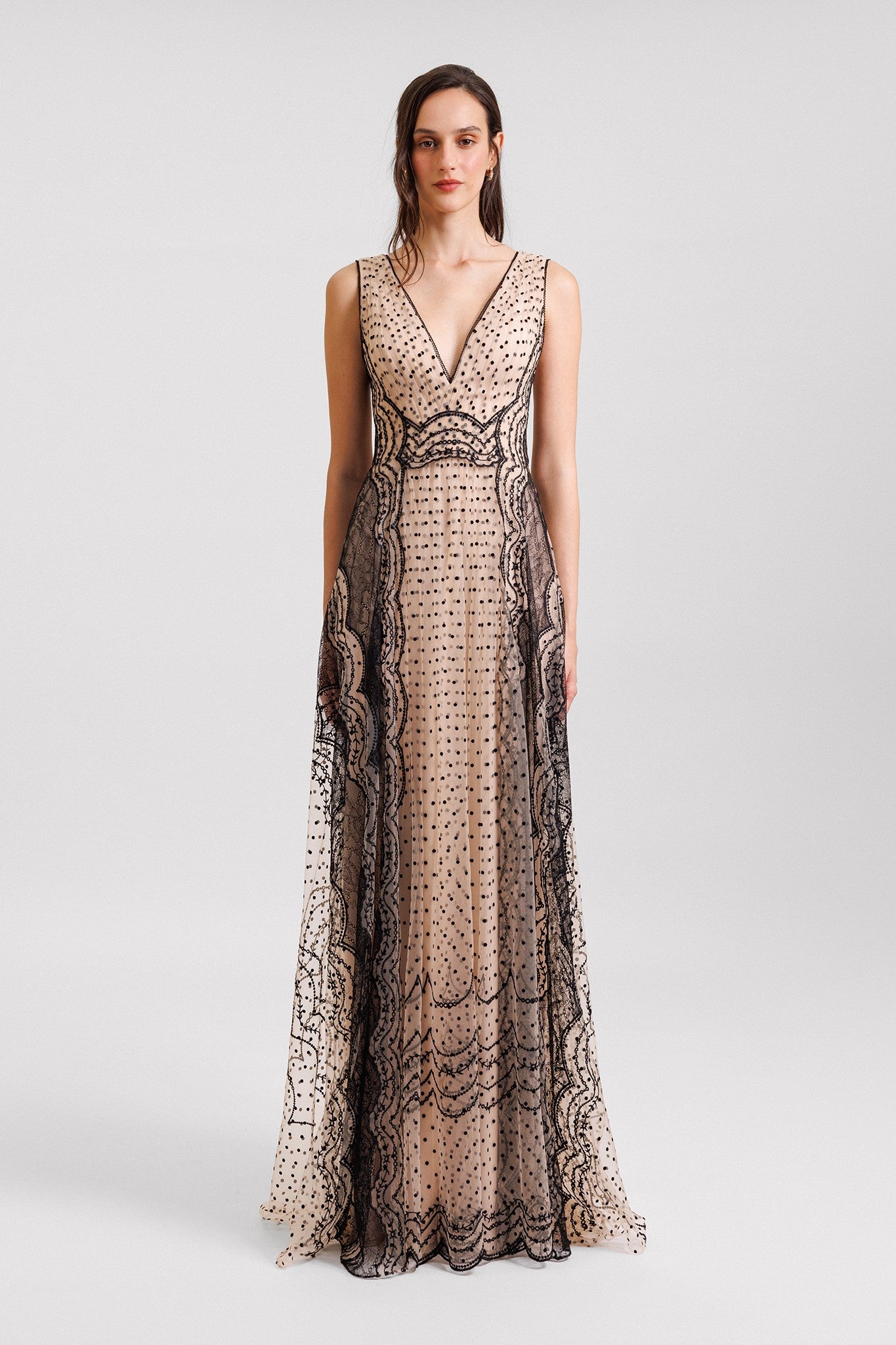 Embroidered V-Neckline Gown