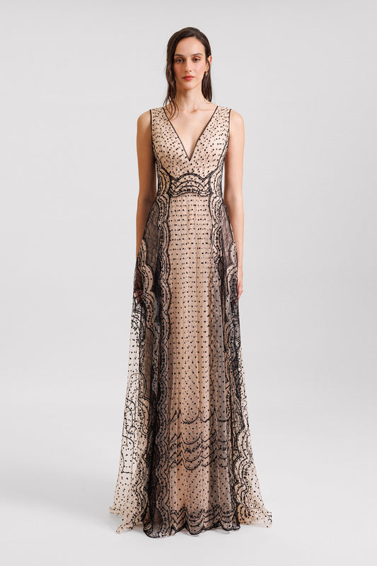 Embroidered V-Neckline Gown