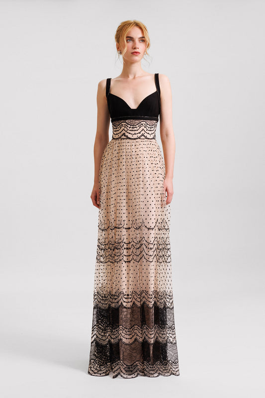 Embroidered Heart-Neckline Gown