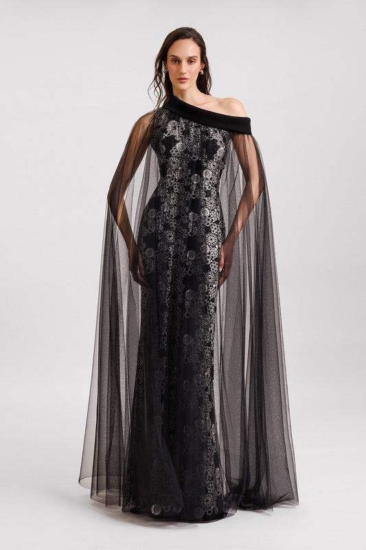Tulle Overlay Embroidered Gown