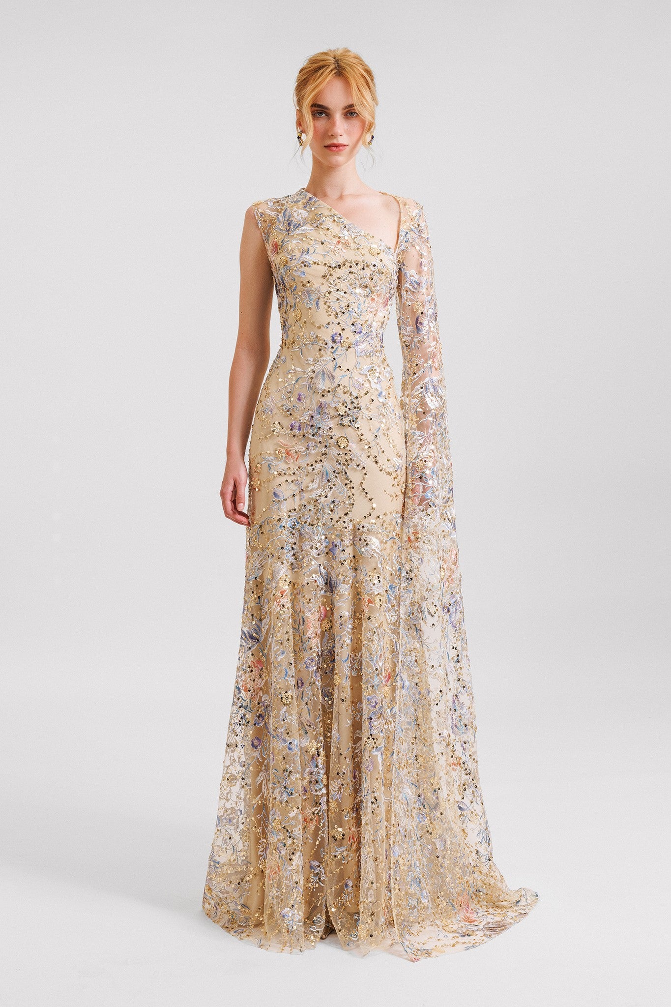 Beaded Gown with Floor Length Sleeves