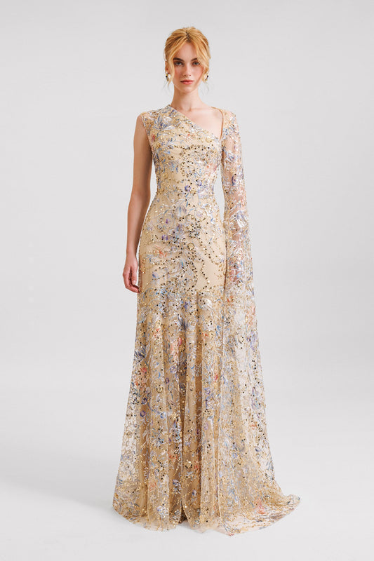Beaded Gown with Floor Length Sleeves