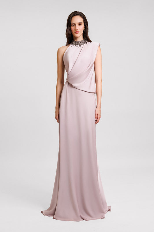 Asymmetrical Embellished Collar Gown