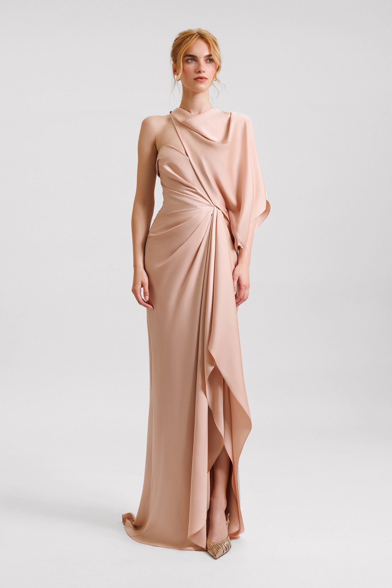 Asymmetrical-Neckline Draped Gown