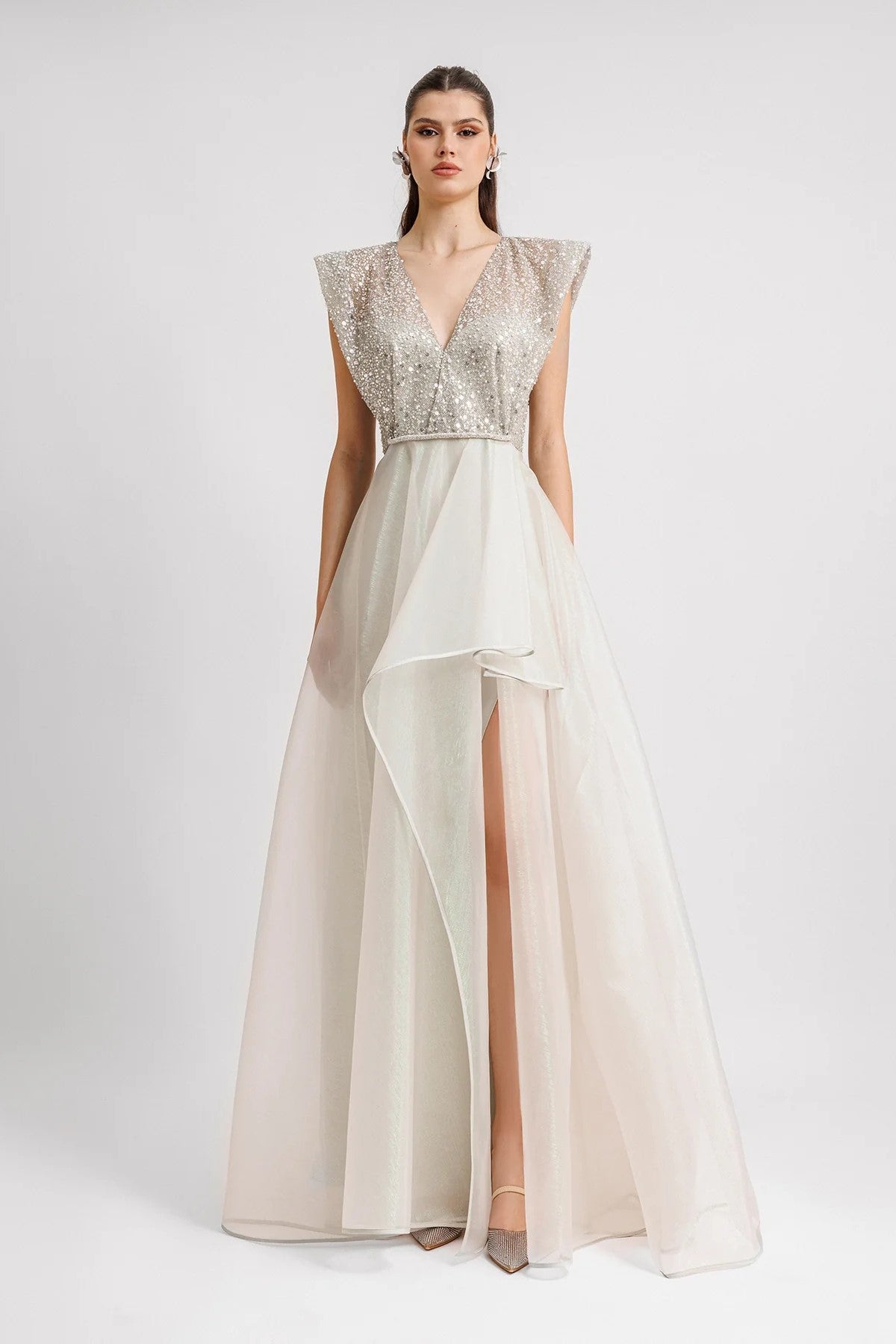 Wide Shoulders V-Neckline Gown