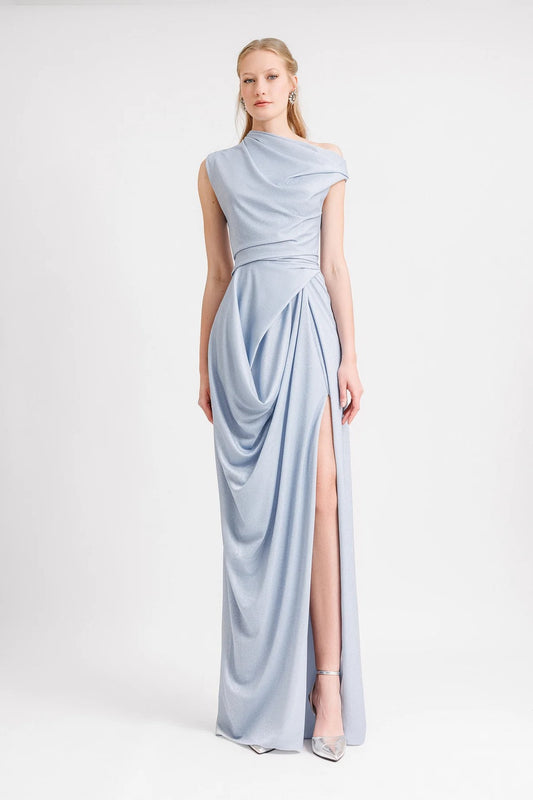 Asymmetrical Neck Draped Gown