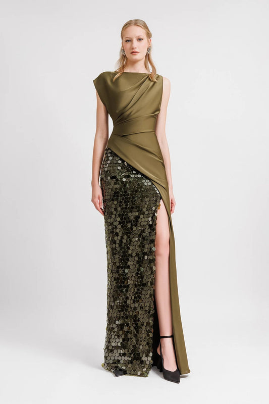 Asymmetrical- Draped Satin Gown